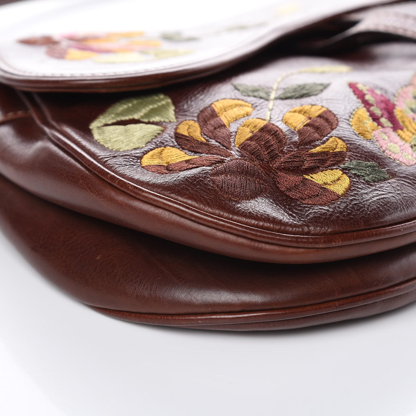 Calfskin Embroidered Romantic Flowers Saddle Bag Brown