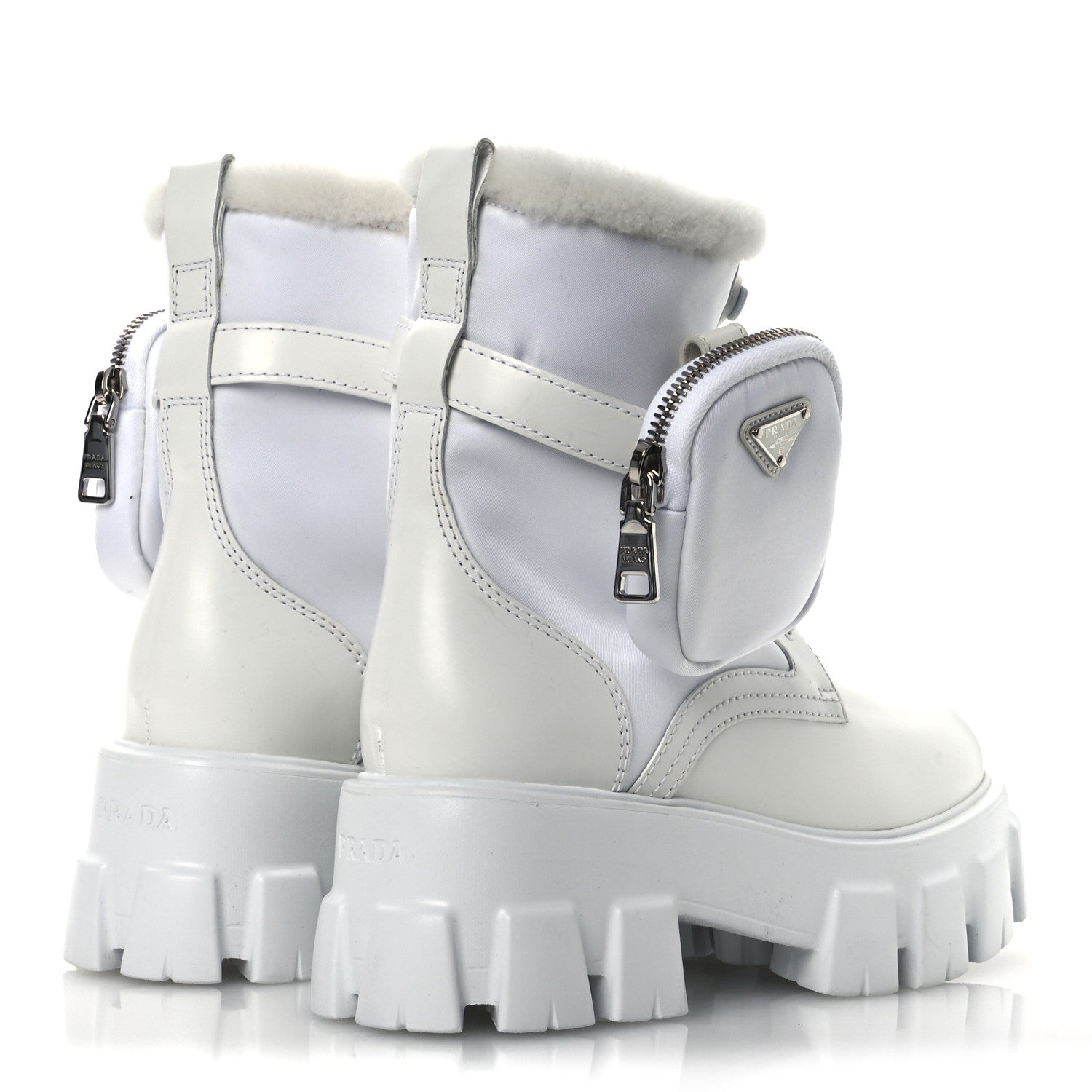 Prada Spazzolato Rois Nylon Shearling Metal Triangle Logo Monolith Pouch Pocket 55mm Boots 35.5 White 4 of 12