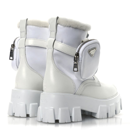 Prada Spazzolato Rois Nylon Shearling Metal Triangle Logo Monolith Pouch Pocket 55mm Boots 35.5 White 4 of 12