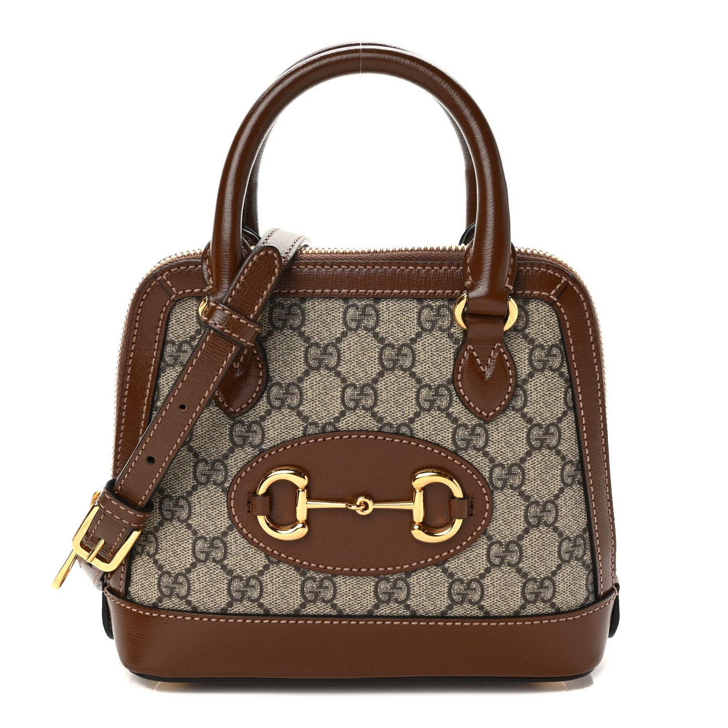 GG Supreme Monogram Azalea Calfskin Mini Horsebit 1955 Top Handle Bag Beige Ebony Brown Sugar