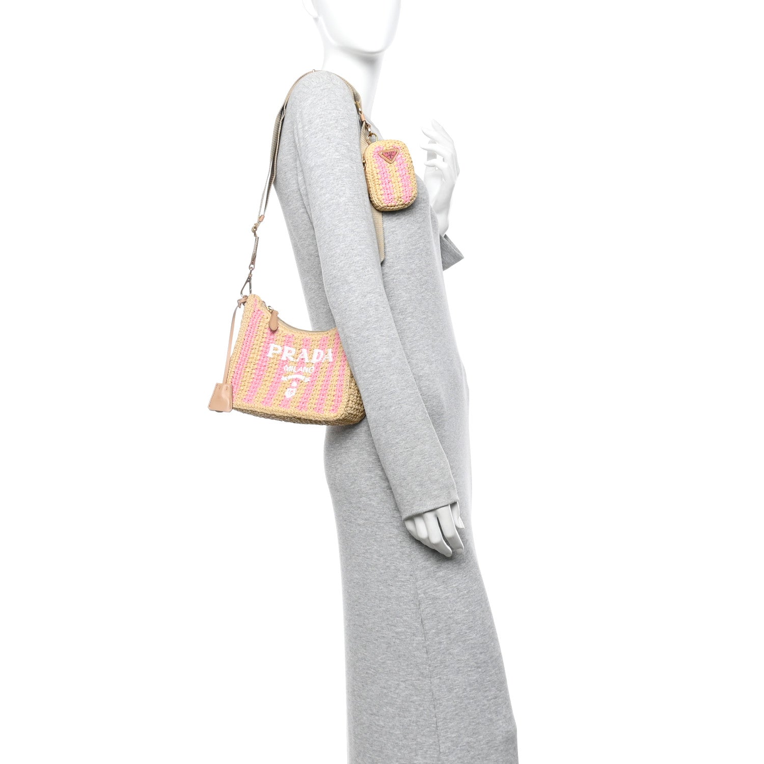 Prada Yarn Raffia Effect Crochet Striped Re-Edition 2005 Shoulder Bag Naturale Petalo 2 of 11