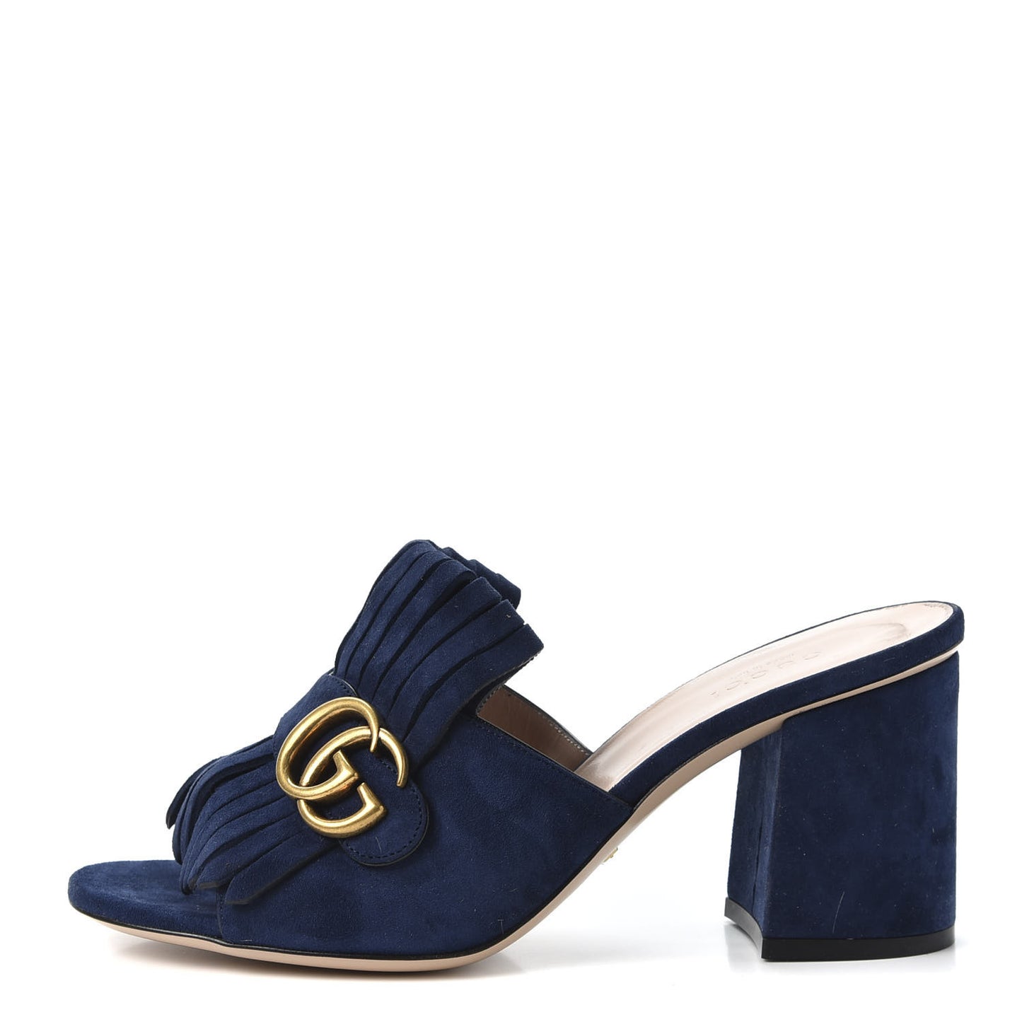 Kid Scamosciato GG Marmont Fringe 75mm Slide Sandals 38.5 Blue Ink