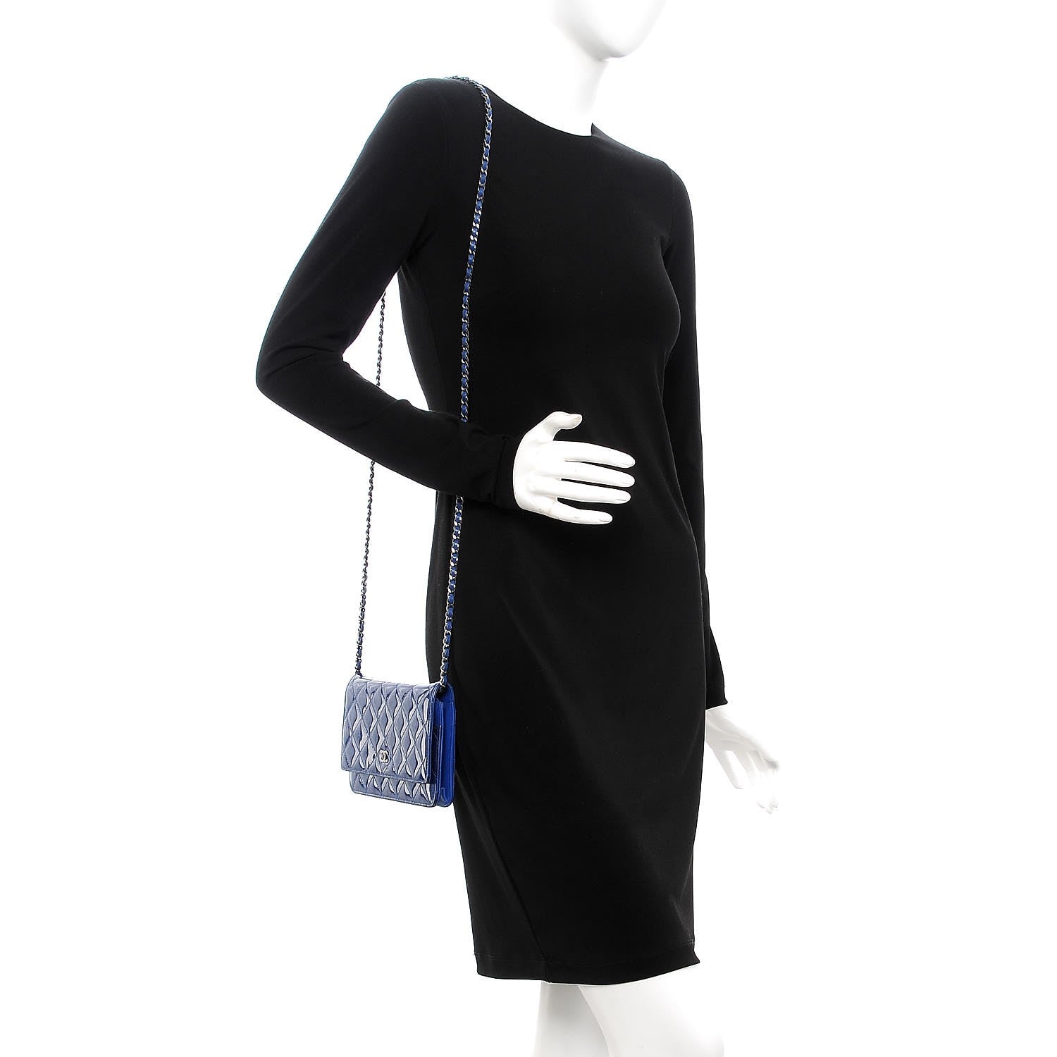 Chanel Patent Quilted Wallet On Chain WOC Blue 2 of 9
