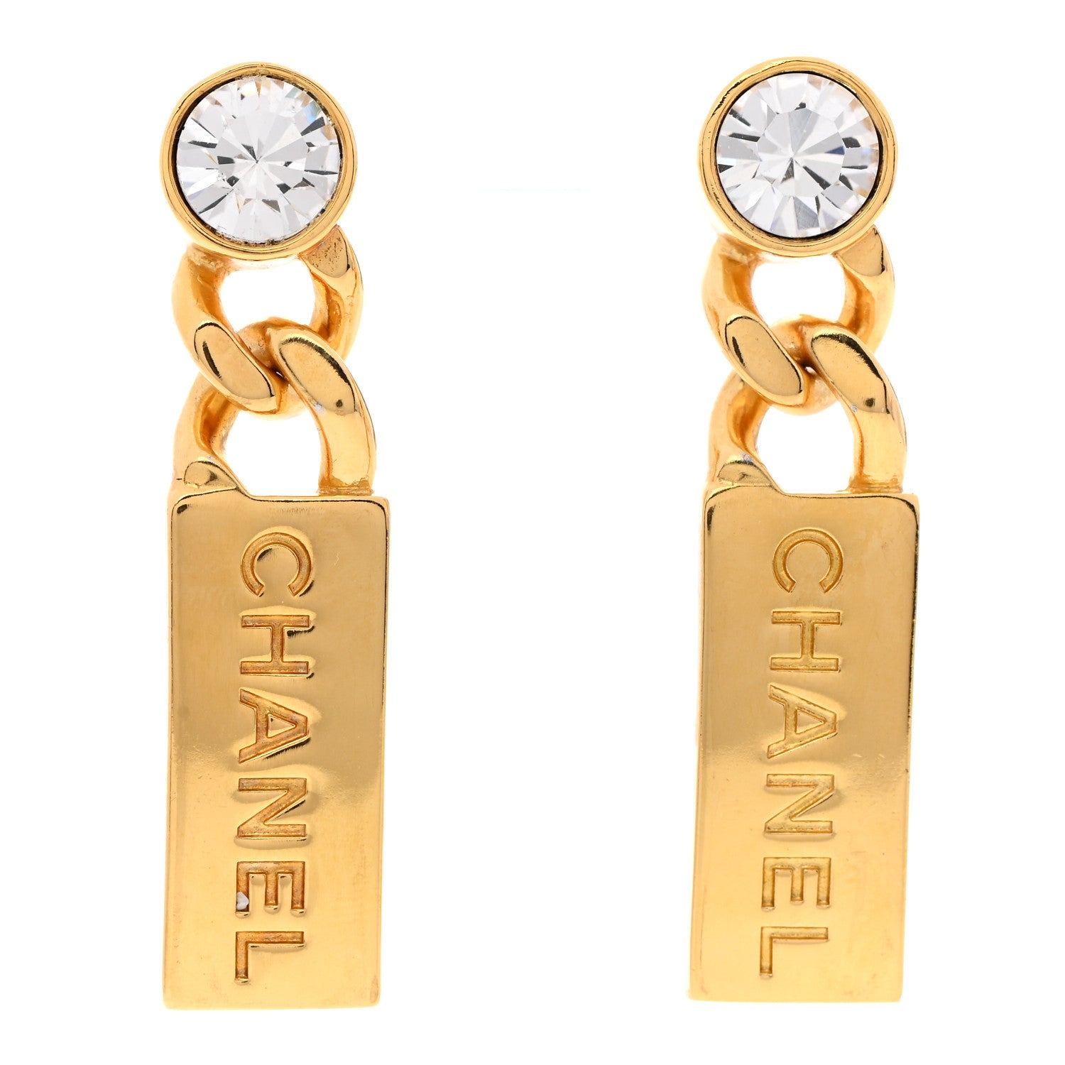 Chanel Crystal Tag Drop Earrings Gold 1 of 4