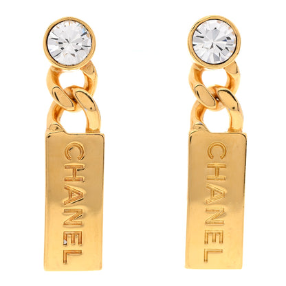 Chanel Crystal Tag Drop Earrings Gold 1 of 4