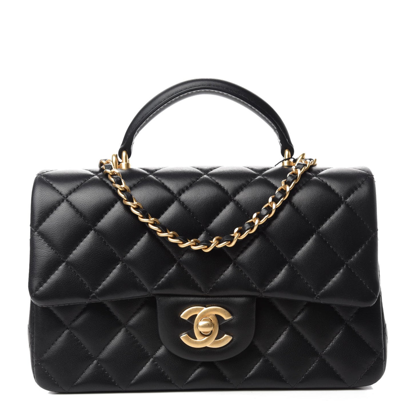Lambskin Quilted Mini Top Handle Rectangular Flap Black