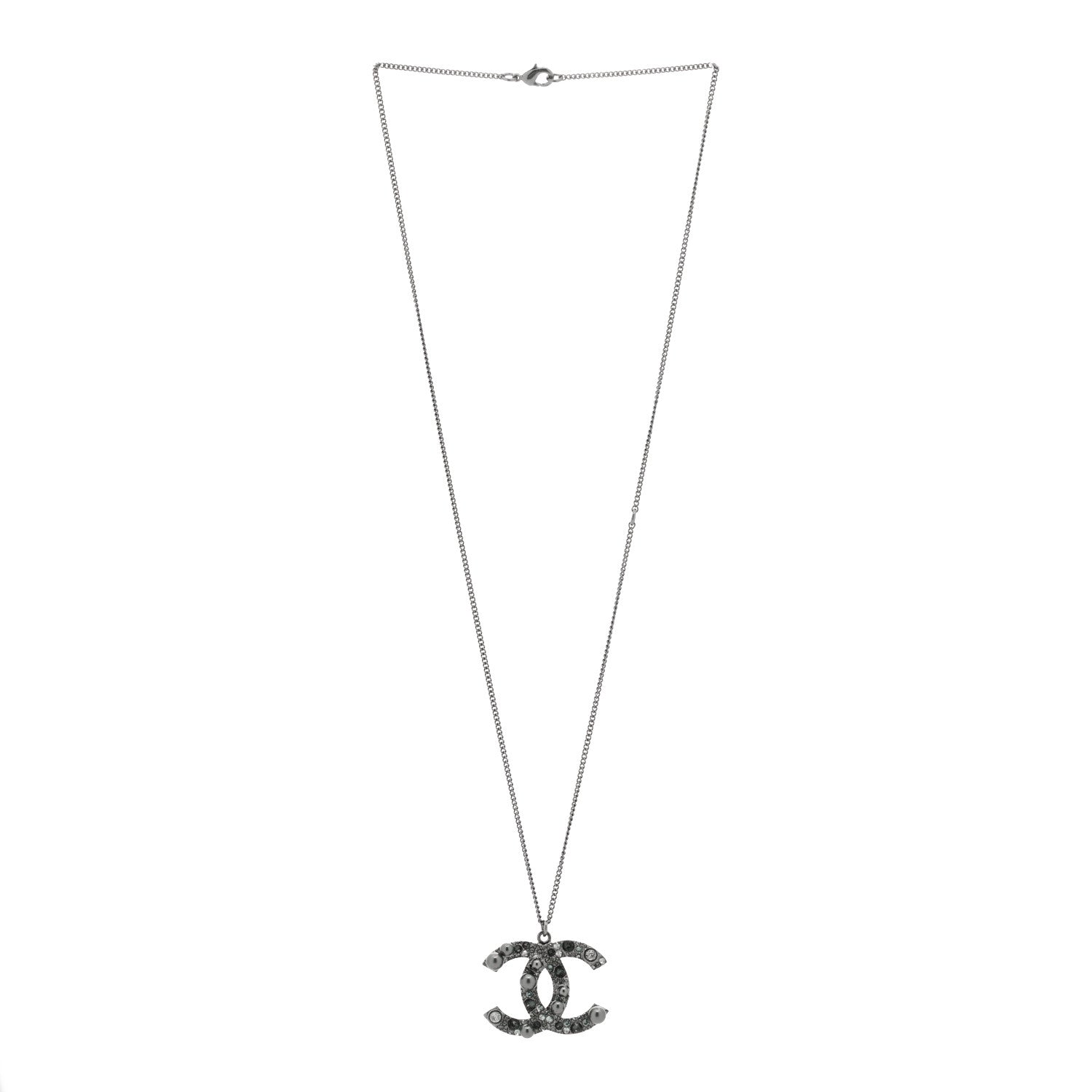 Chanel Crystal Pearl CC Pendant Necklace Silver Grey 2 of 3