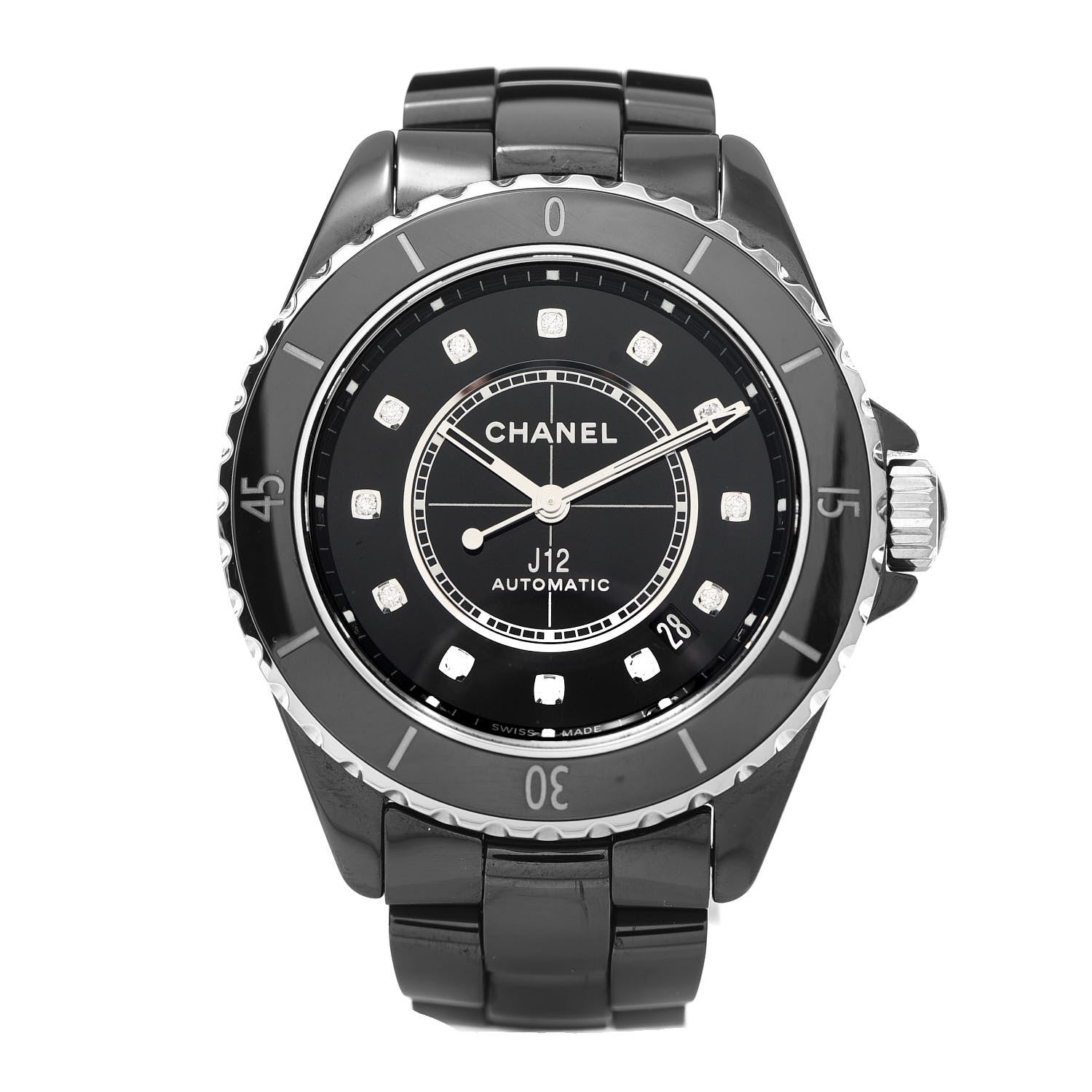 Chanel Stainless Steel Ceramic Diamond 38mm J12 Automatic Watch Black 1 of 6