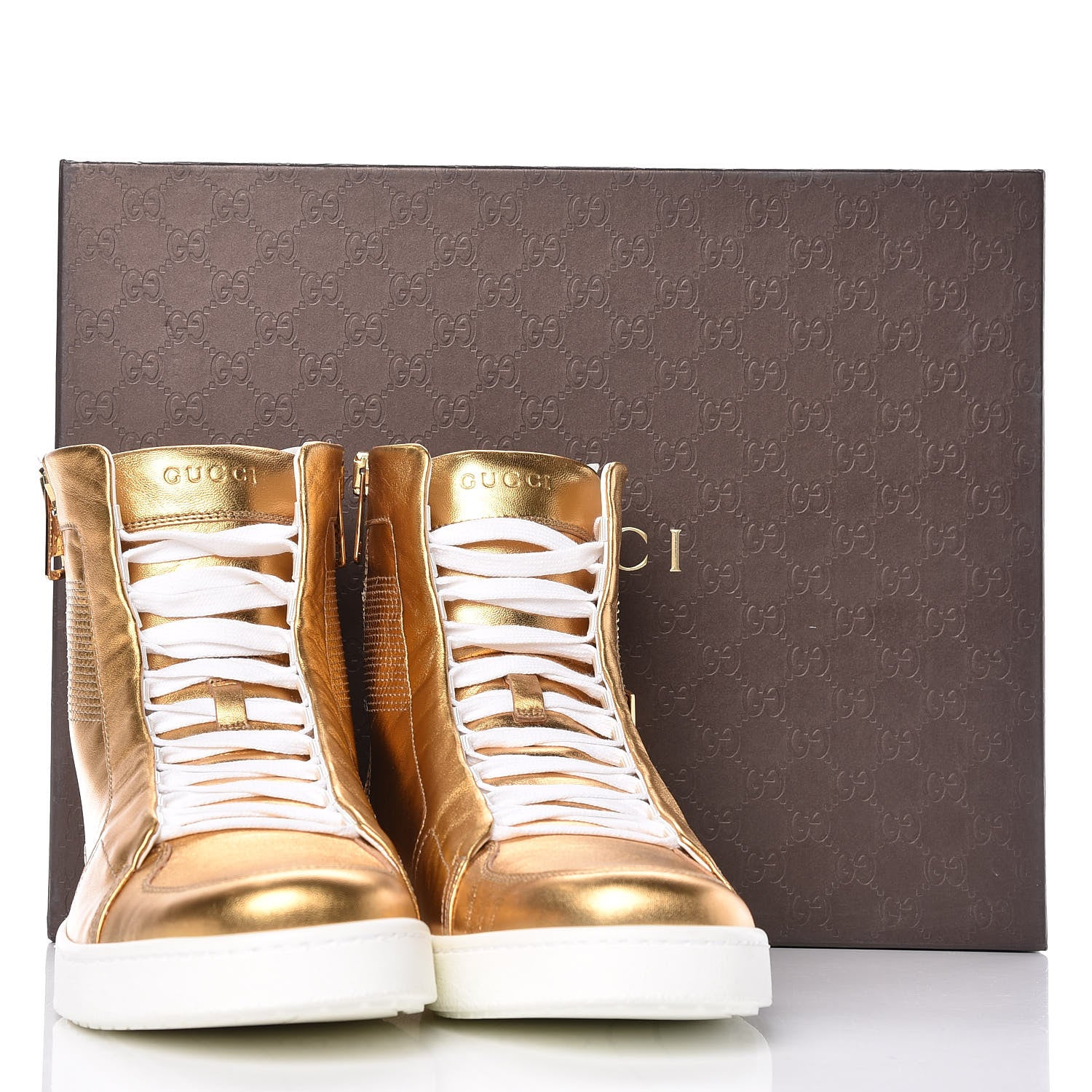 Gucci Metallic Nappa Silk Mens Dog Tag High Top Sneakers 7.5 Oro 9 of 9