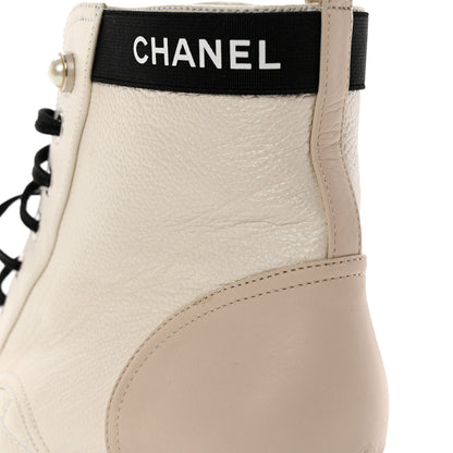 Chanel Pearly Calfskin Patent Calfskin Quilted Lace Up Boots 38 White Light Gray Black 16 of 17