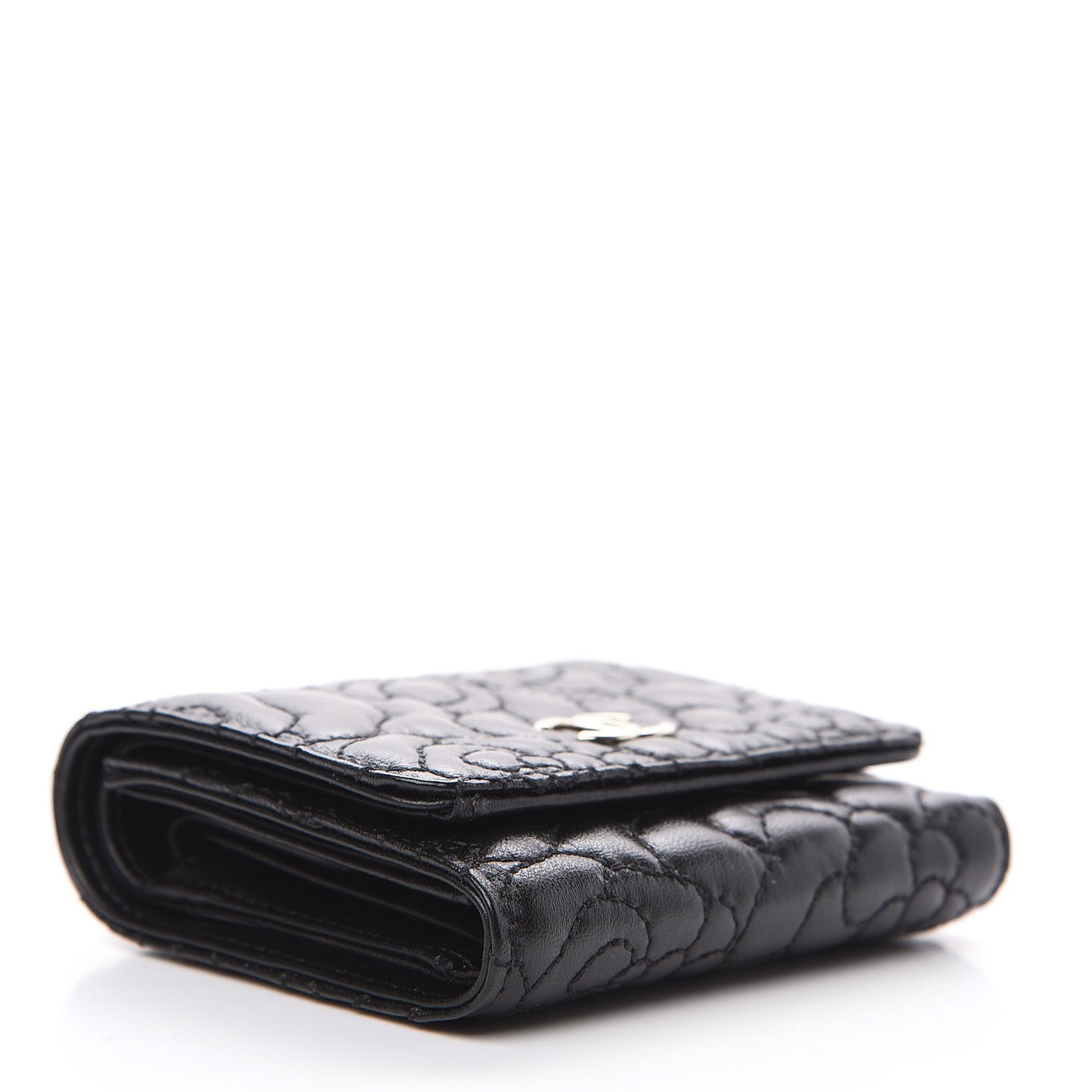 Lambskin Camellia Embossed Small Wallet Black