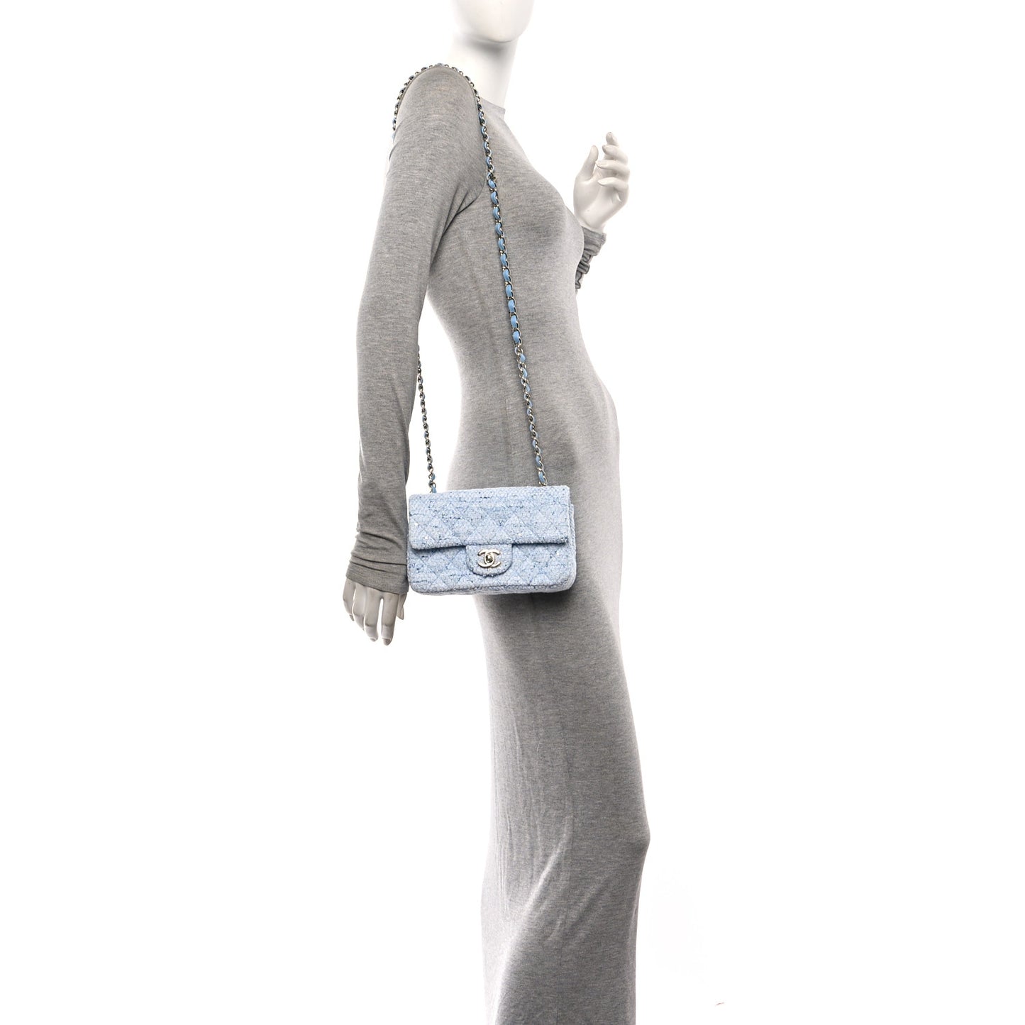 Tweed Quilted Mini Rectangular Flap Blue White Silver