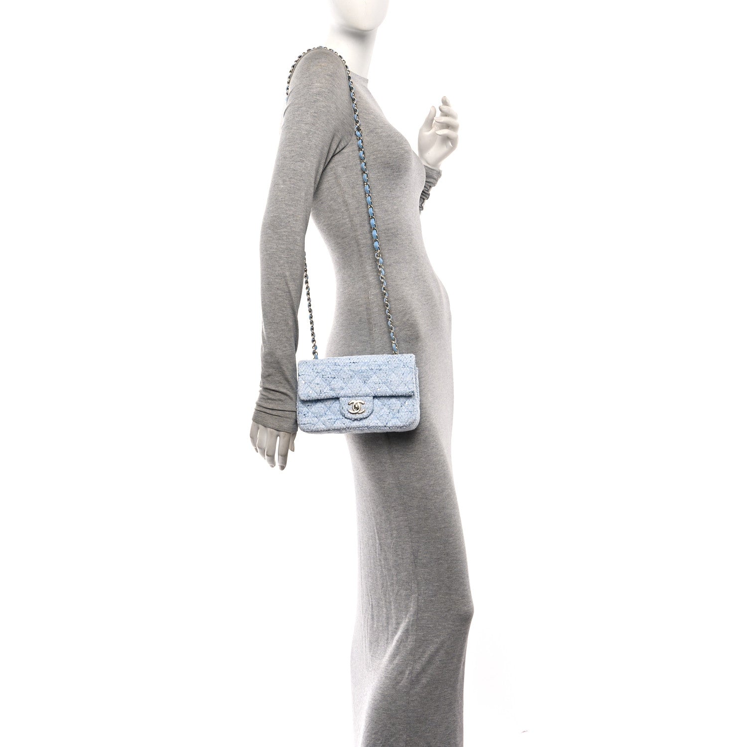 Chanel Tweed Quilted Mini Rectangular Flap Blue White Silver 2 of 11