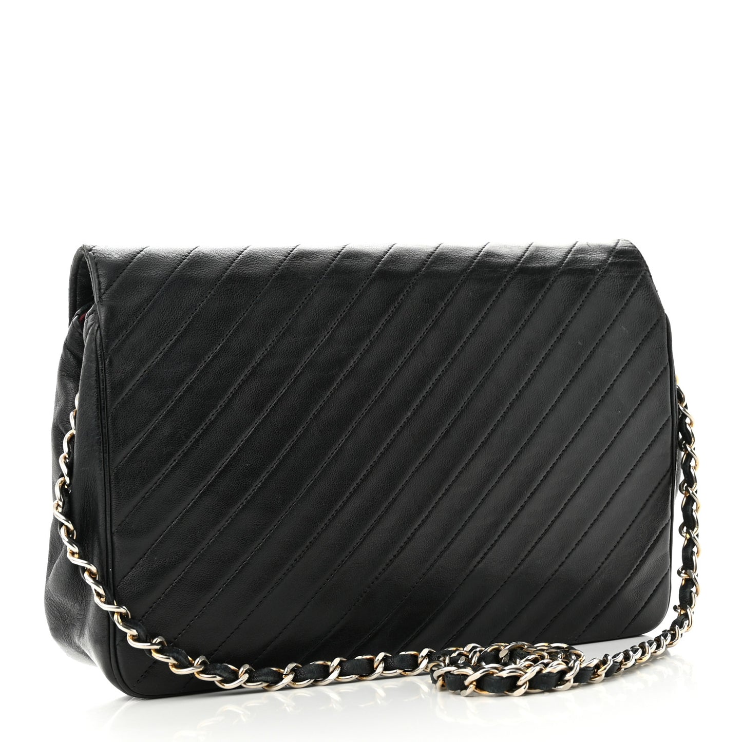 Lambskin Diagonal Quilted Small Single Flap Black