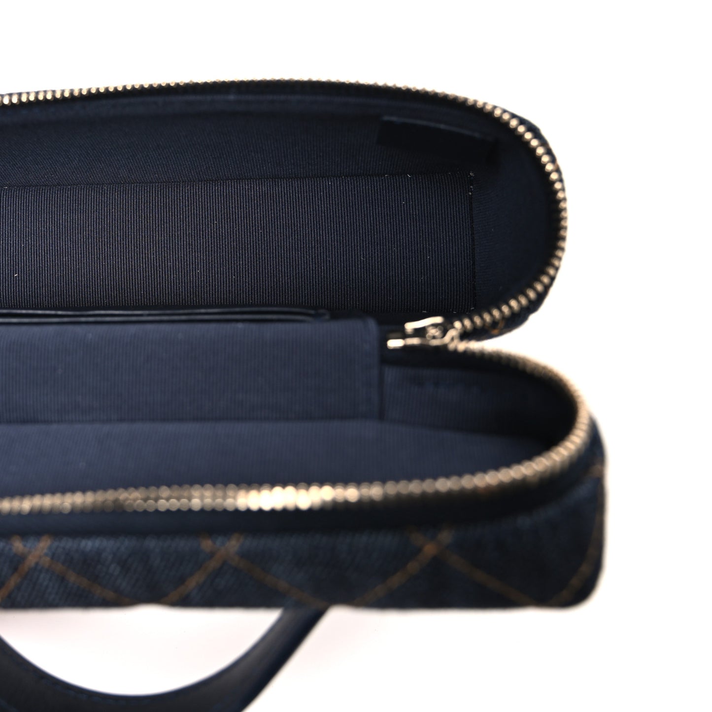 Denim Quilted Top Handle Slim Vanity Case With Chain Dark Blue Orange