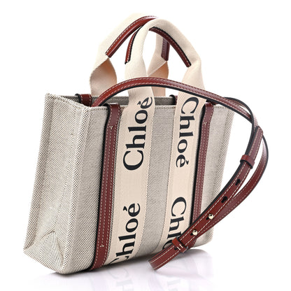 Chloe Cotton Calfskin Small Woody Ribbon Tote With Strap White Brown 3 of 10