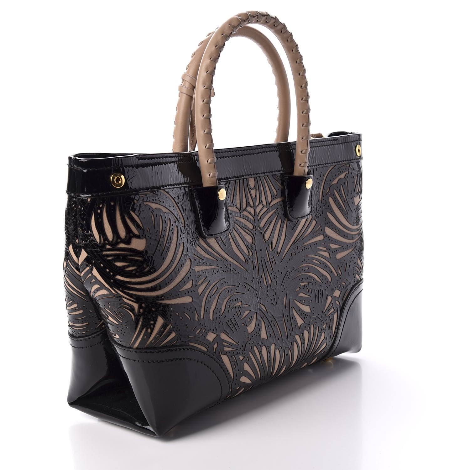 Alexander McQueen Patent Calfskin Bistrot Embossed Folk Tote Bag Black Beige 3 of 9