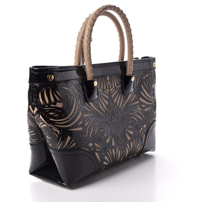 Alexander McQueen Patent Calfskin Bistrot Embossed Folk Tote Bag Black Beige 3 of 9