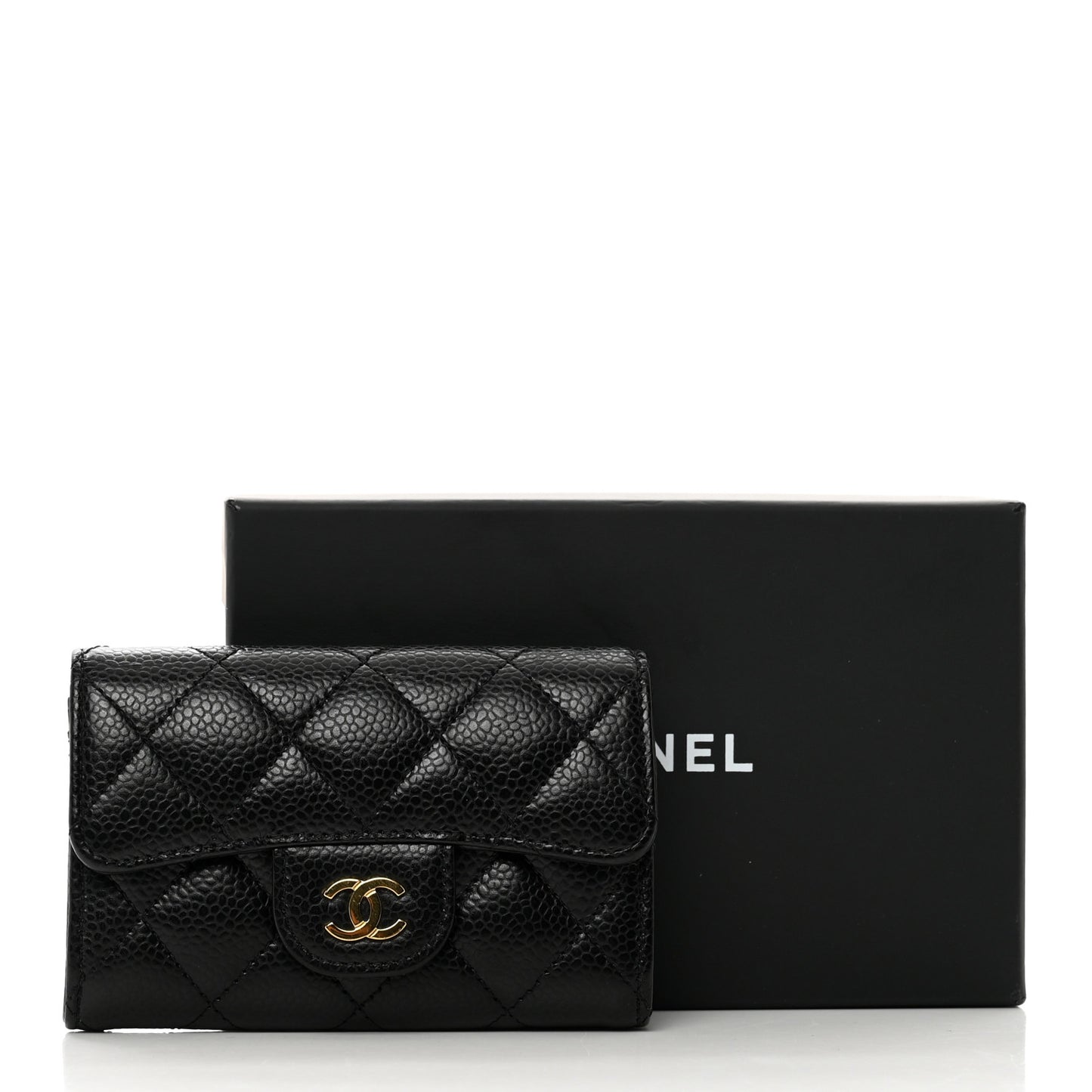Caviar Quilted Flap Card Holder Wallet Black