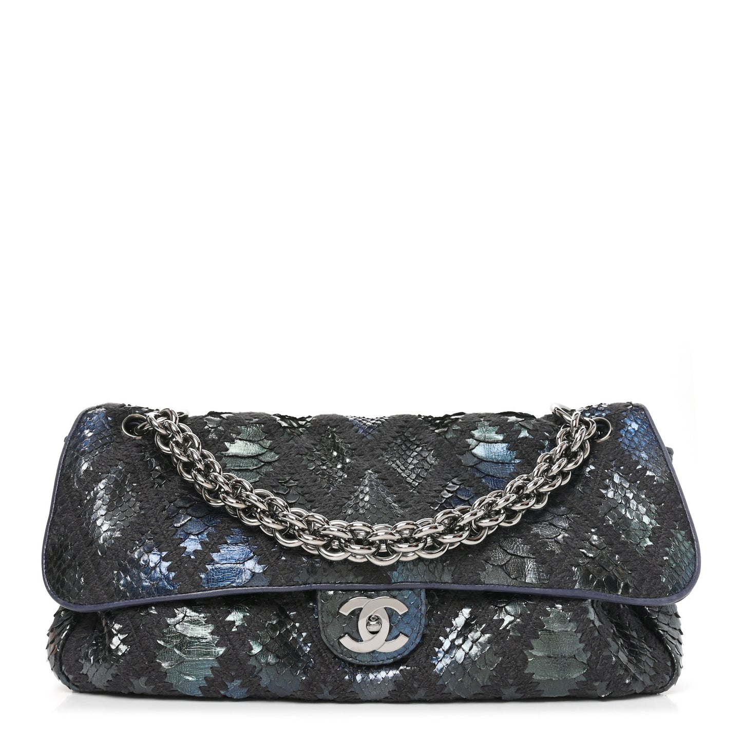 Metallic Snakeskin Crochet Soft and Chain Maxi Flap Blue Multicolor
