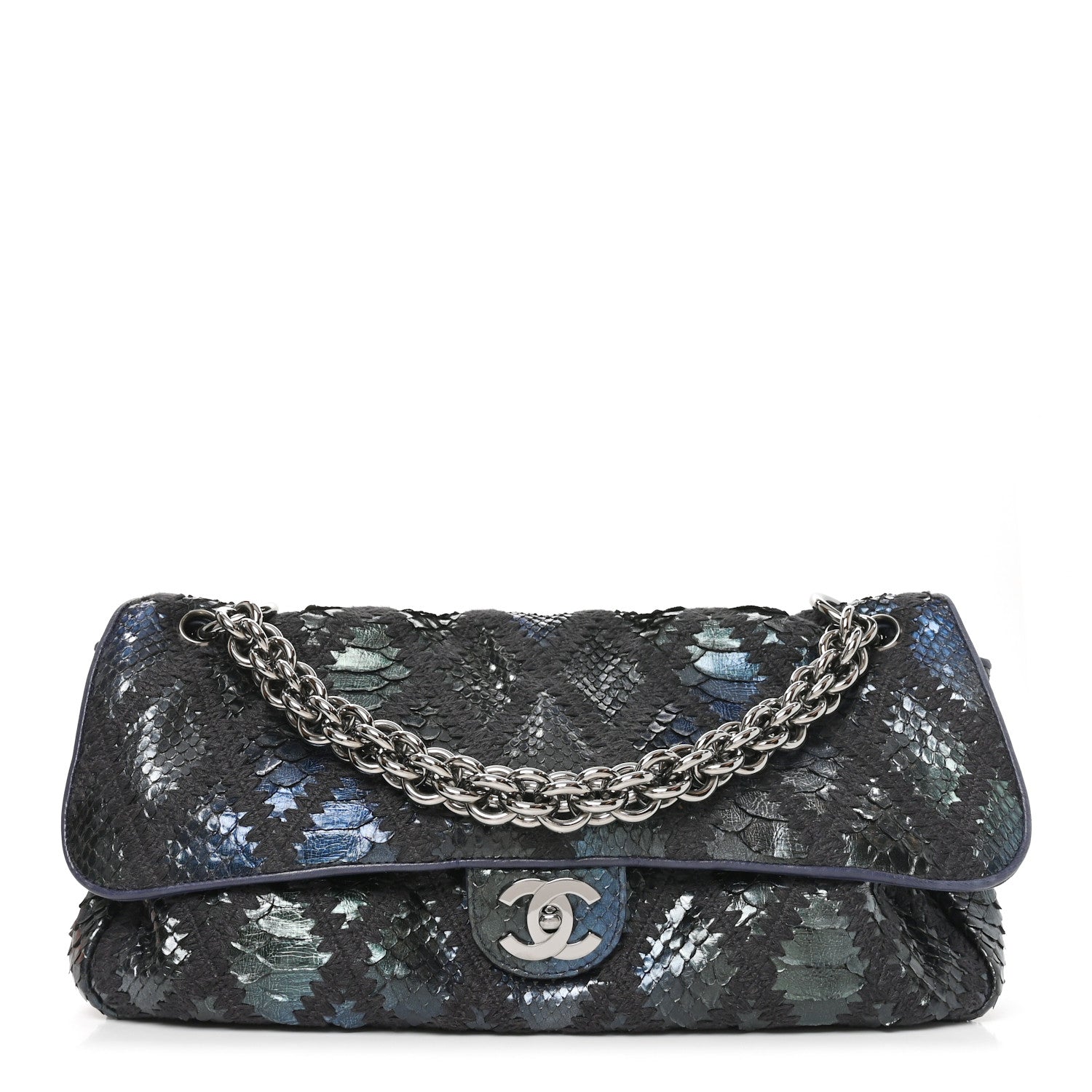 Chanel Metallic Snakeskin Crochet Soft and Chain Maxi Flap Blue Multicolor 1 of 11
