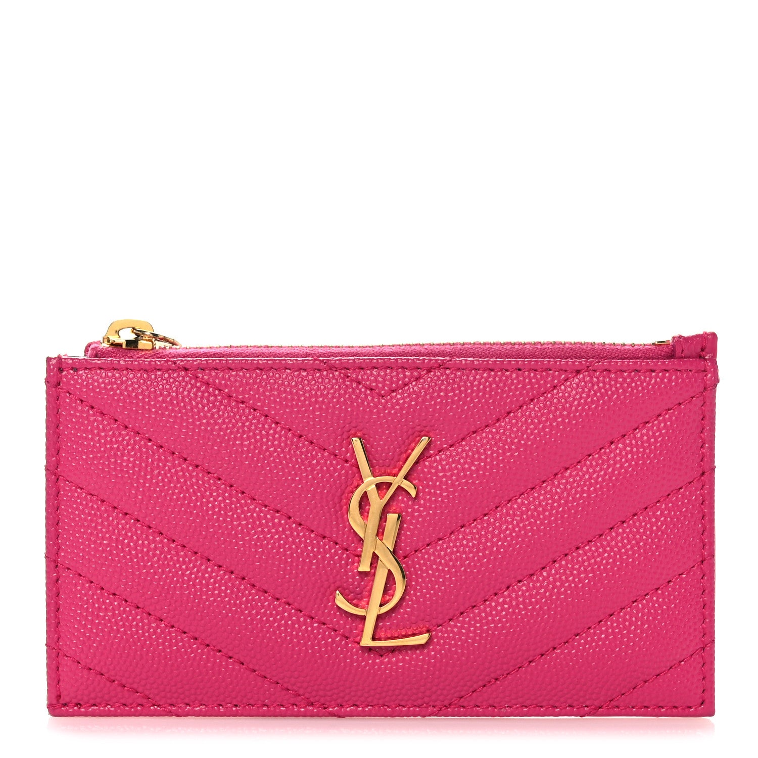 Saint Laurent Grain De Poudre Matelasse Chevron Monogram Fragments Zippered Card Case Fresh Fuxia 1 of 8