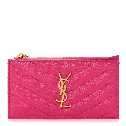 Saint Laurent Grain De Poudre Matelasse Chevron Monogram Fragments Zippered Card Case Fresh Fuxia 1 of 8