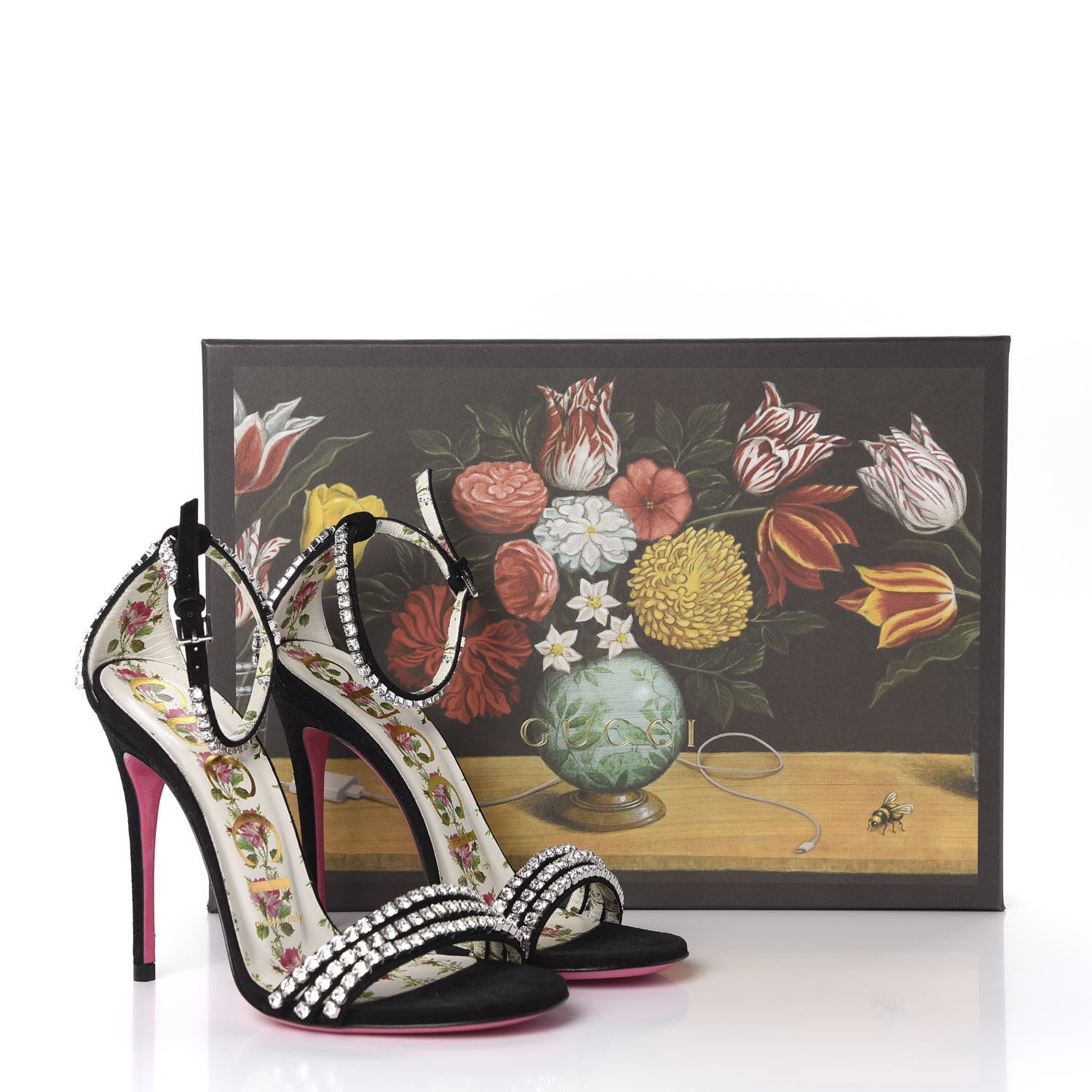 Gucci Kid Scamosciato Crystal Ankle Strap High Heel Sandals 35 Black 9 of 9