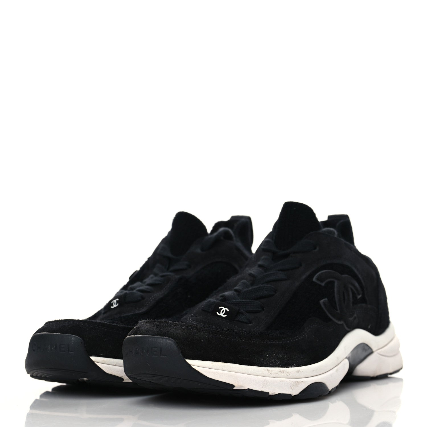 Chanel Fabric Suede Calfskin Stretch CC Sneakers 38.5 Black 2 of 7
