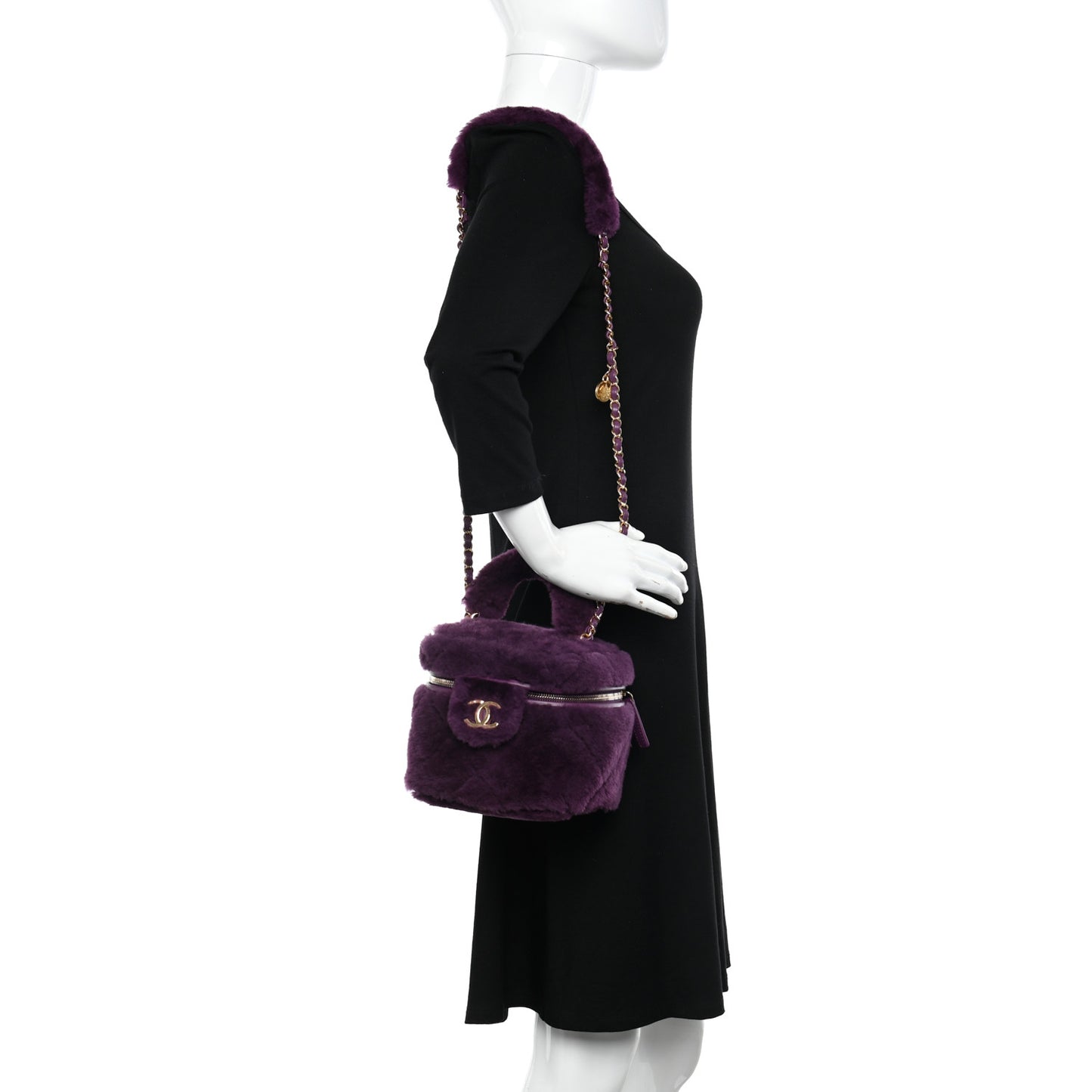 Shearling Lambskin Quilted Small Vanity Case Purple