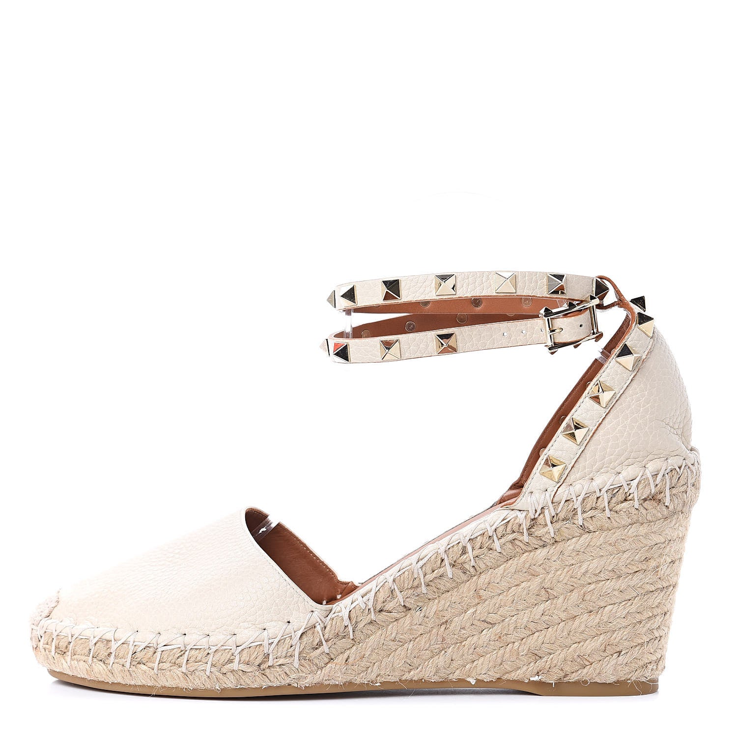 Valentino Garavani Grained Calfskin Rockstud Ankle Wrap Espadrille 15/85mm Wedges 41 Light Ivory 1 of 8