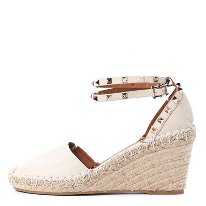 Valentino Garavani Grained Calfskin Rockstud Ankle Wrap Espadrille 15/85mm Wedges 41 Light Ivory 1 of 8