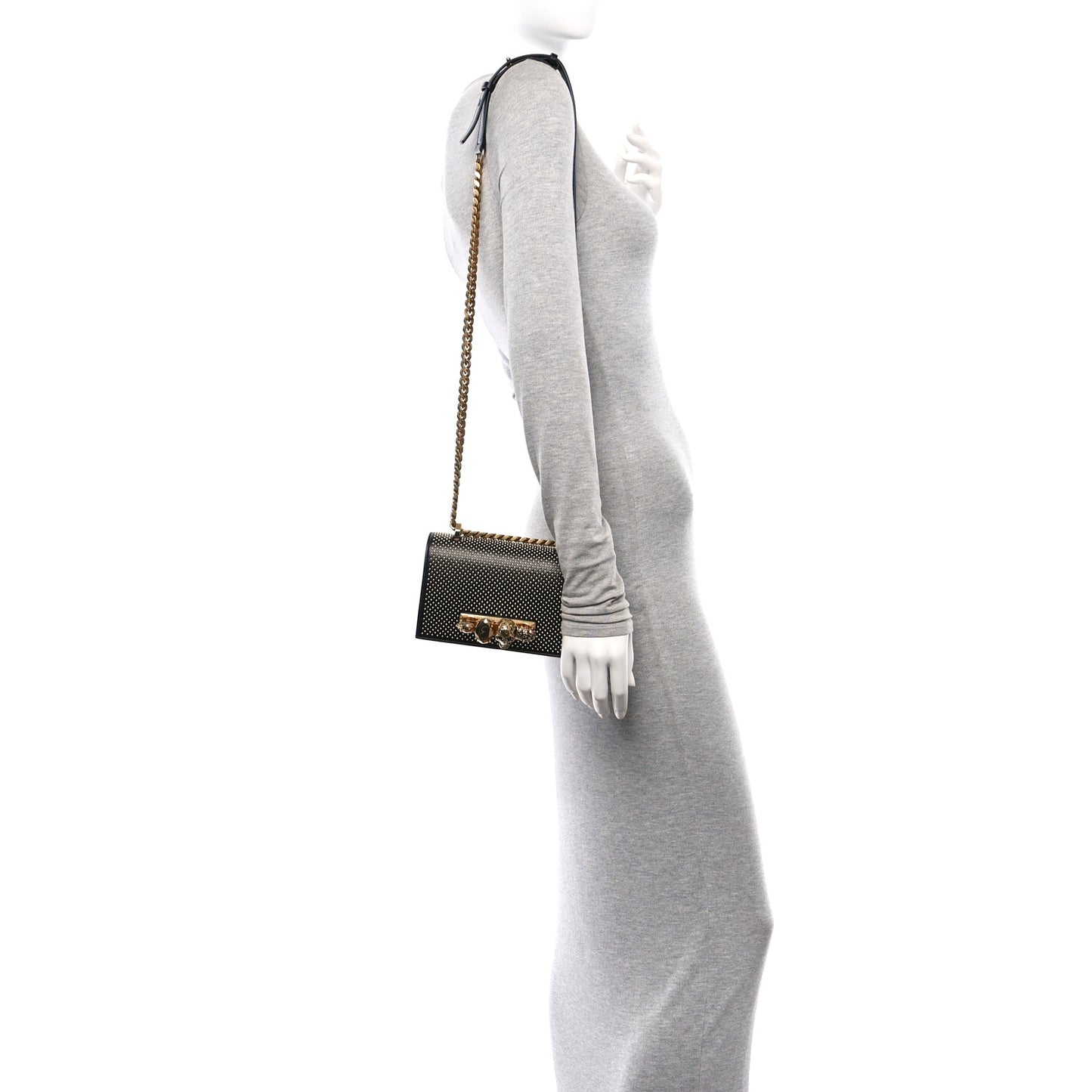 Calfskin Studded Mini Jeweled Knuckle Satchel Black