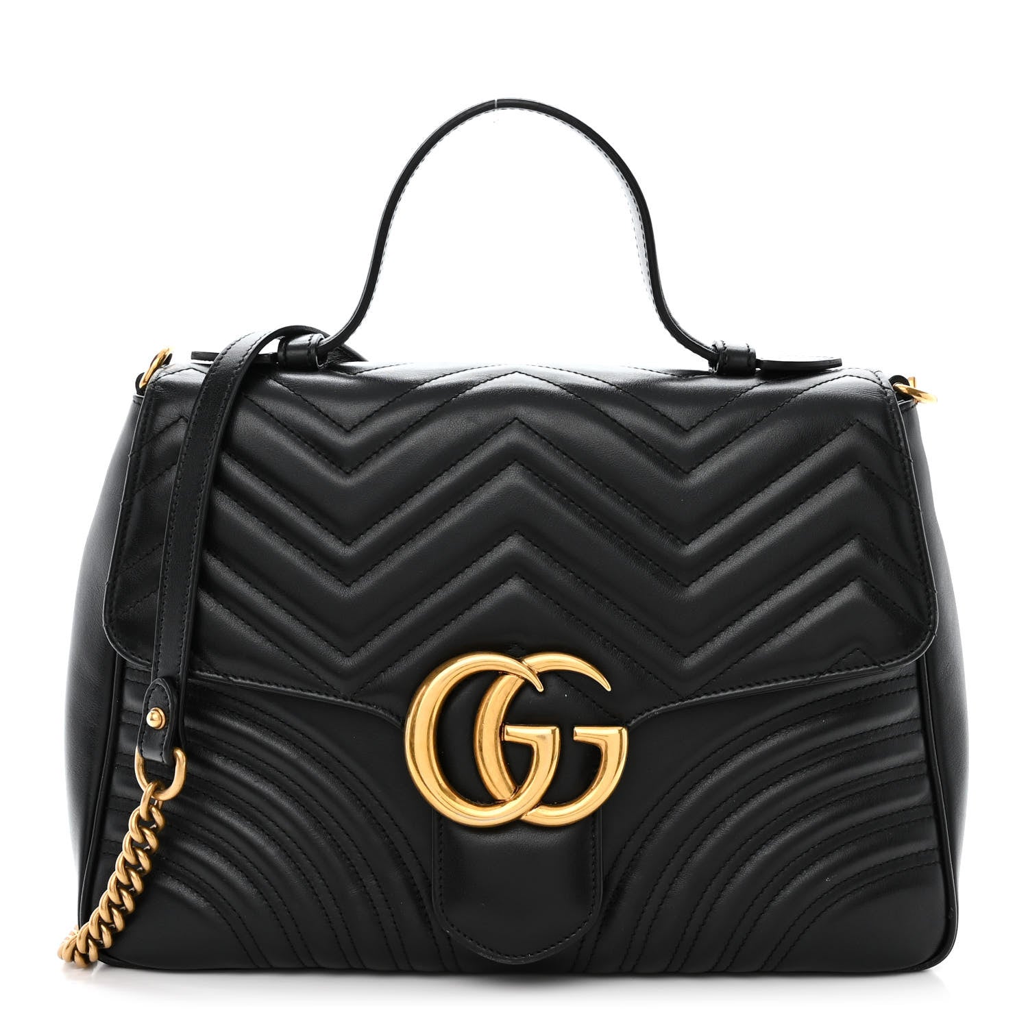Gucci Calfskin Matelasse Medium GG Marmont Top Handle Shoulder Bag Black 1 of 13