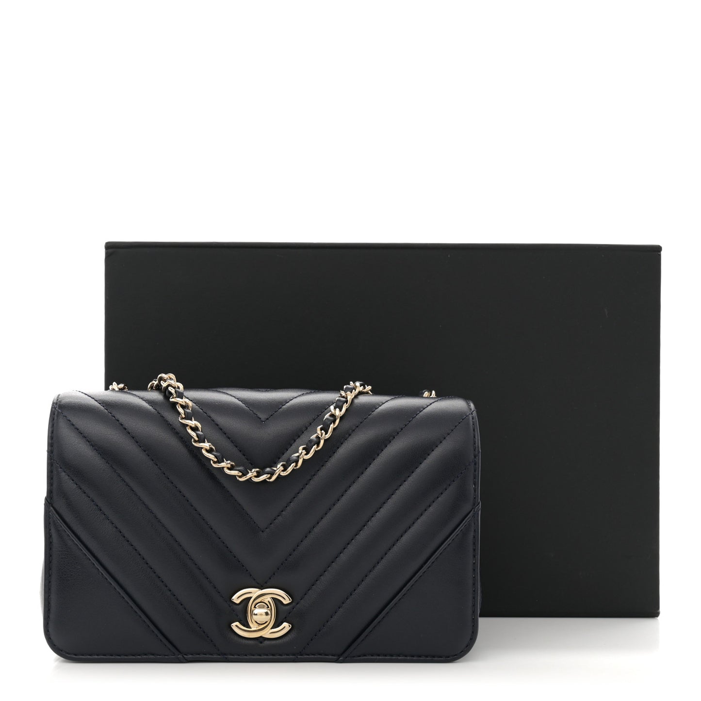 Calfskin Chevron Quilted Mini Statement Flap Navy Blue