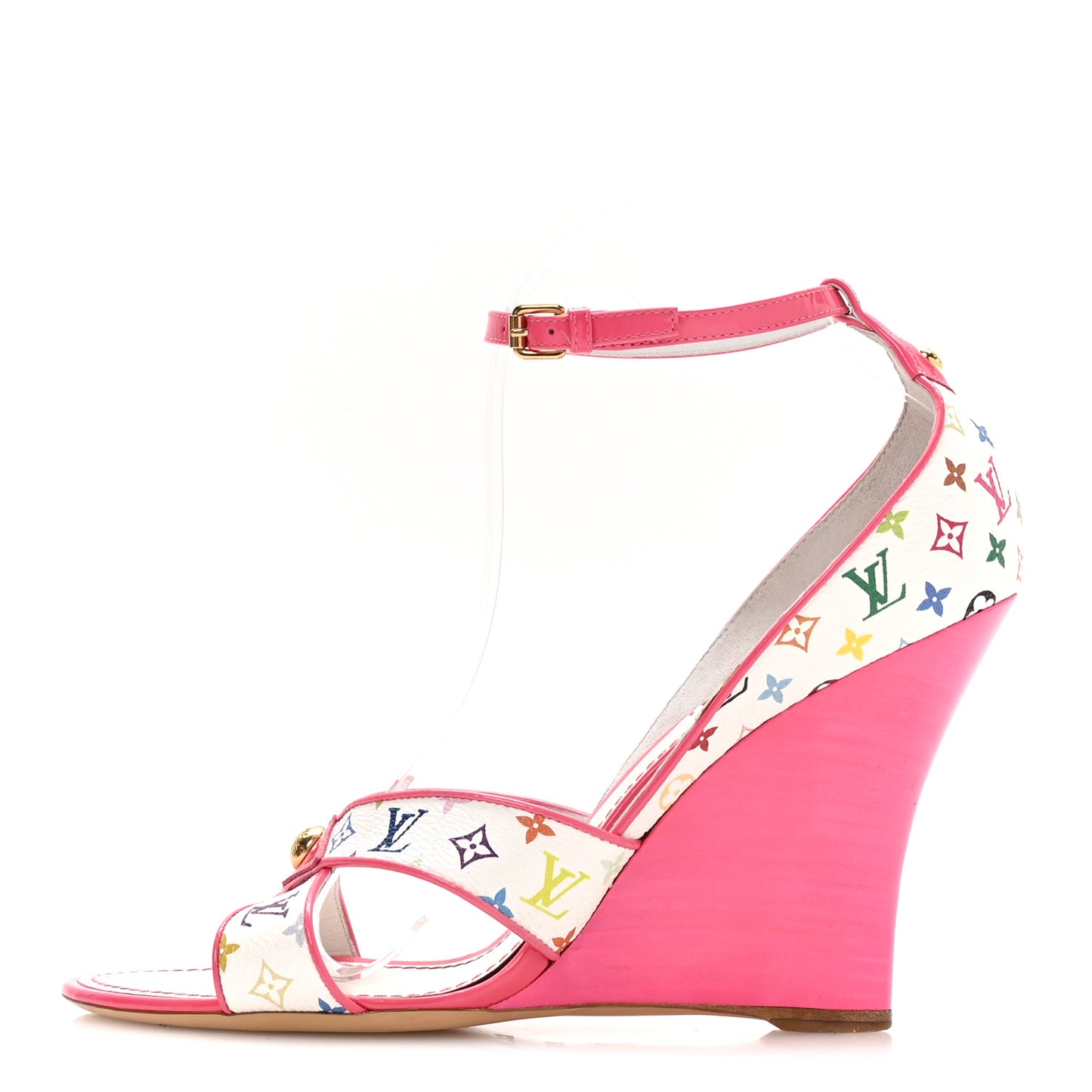 Monogram Multicolor Wedge Sandals 39.5 White Pink