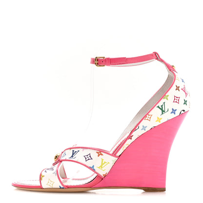 Louis Vuitton Monogram Multicolor Wedge Sandals 39.5 White Pink 1 of 9