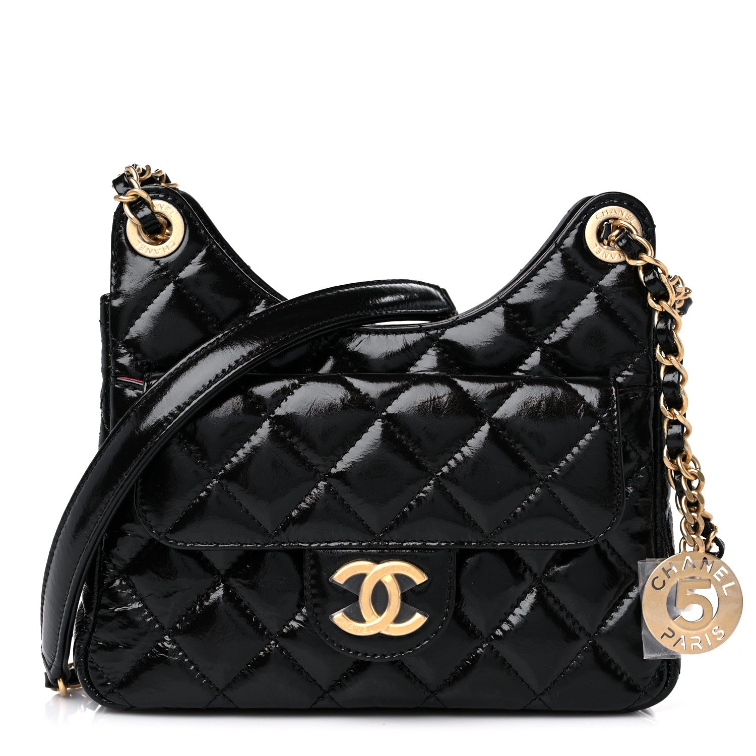 Chanel Shiny Crumpled Calfskin Quilted Small Wavy CC Hobo Black 1 of 10