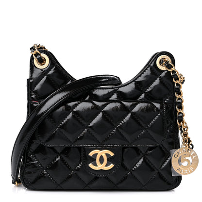 Chanel Shiny Crumpled Calfskin Quilted Small Wavy CC Hobo Black 1 of 10