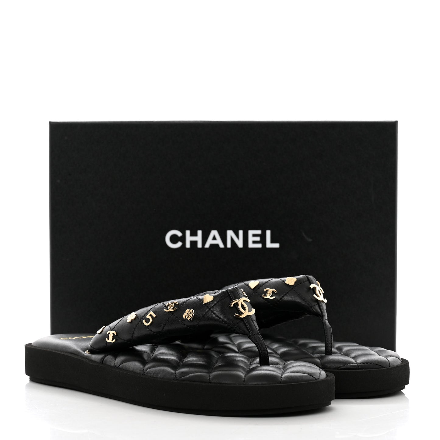 Lambskin Quilted Padded Charms Thong Sandals 41.5 Black
