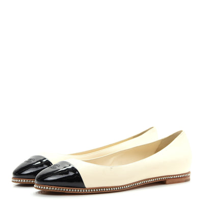 Chanel Patent Lambskin Crystal CC Cap Toe Ballerina Flats 39 Beige Black 3 of 11