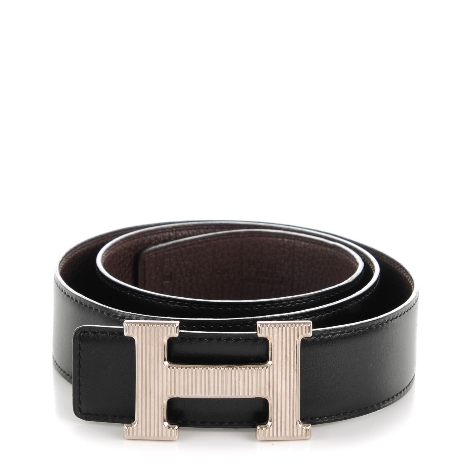 Hermes Box Togo Strie 32mm H Belt 80 Black Chocolate 1 of 6
