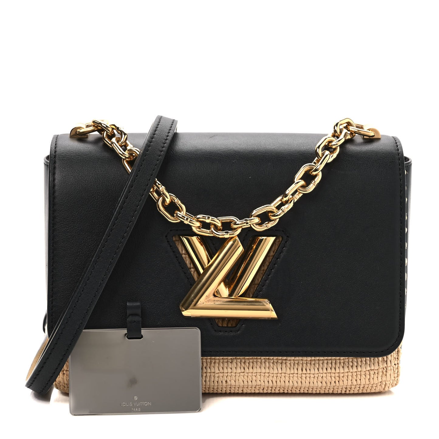 Calfskin Raffia Twist Shoulder Bag MM Black