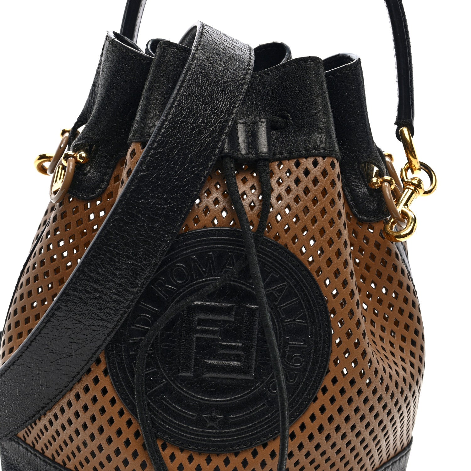 Fendi Vitello Liberty Glossy Lambskin F is Fendi Perforated Small Mon Tresor Bucket Bag Sand Mimosa Black 7 of 9