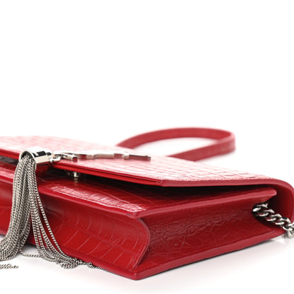 Saint Laurent Calfskin Crocodile Embossed Kate Monogram Tassel Chain Wallet Red 8 of 8