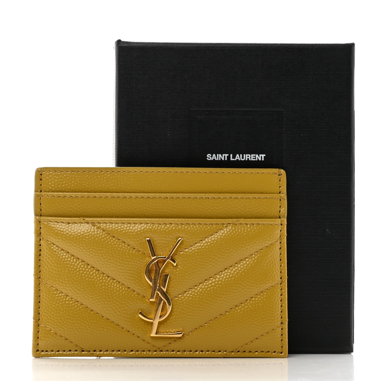 Saint Laurent Grain De Poudre Matelasse Chevron Monogram Credit Card Case Light Chartreuse 8 of 8