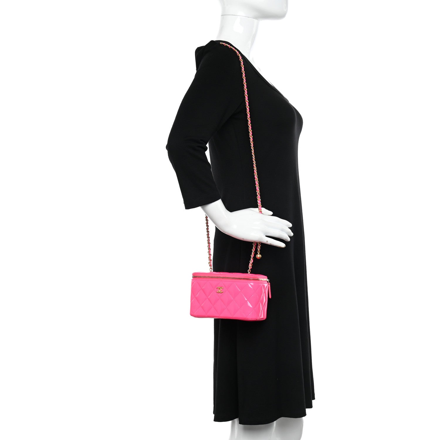 Chanel Patent Quilted Pearl Crush Small Vanity Case With Chain Neon Pink 3 of 11
