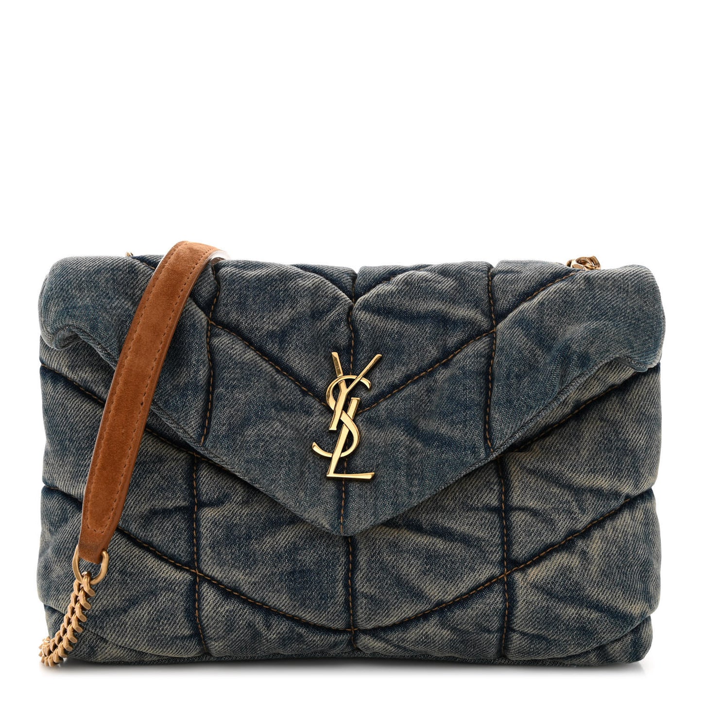 Denim Quilted Toy Loulou Puffer Monogram Chain Satchel Blue Cinnamon