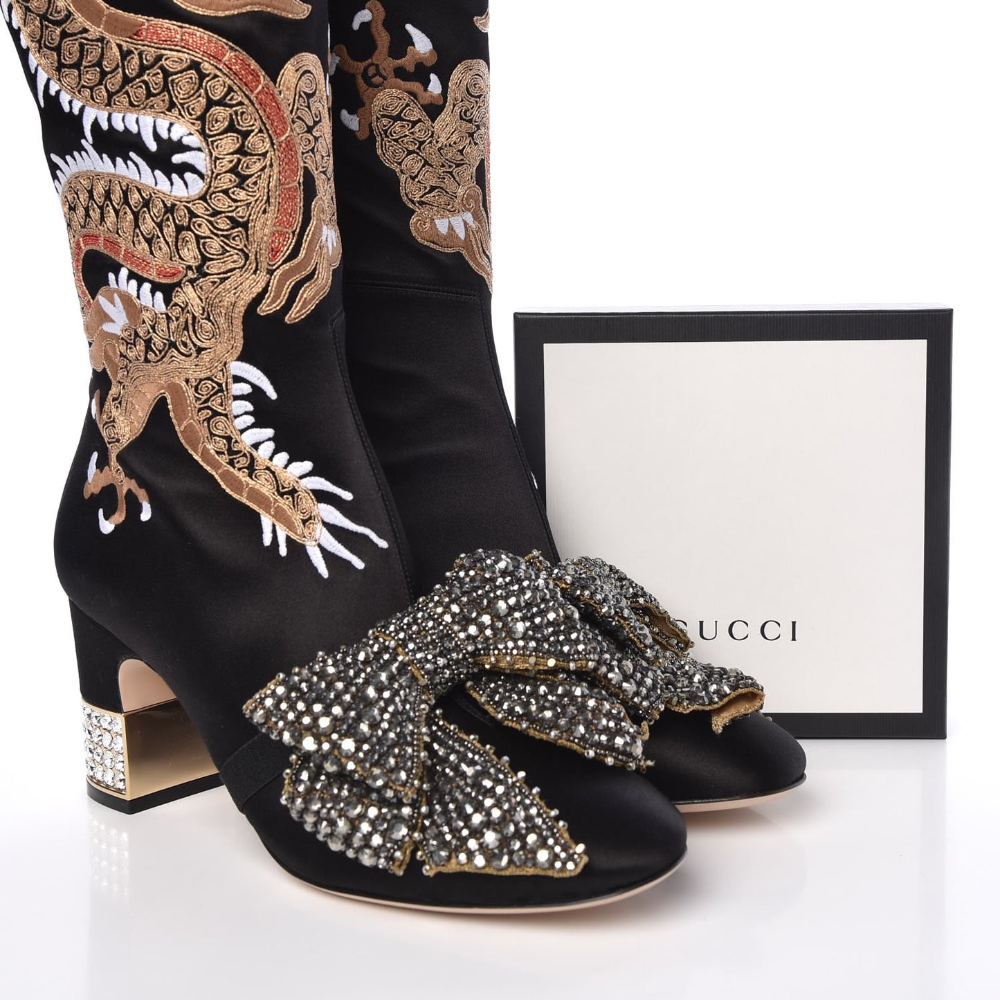 Silk Satin Malaga Kid Embroidered Candy Dragon Block-Heel Knee Boot 39 Black