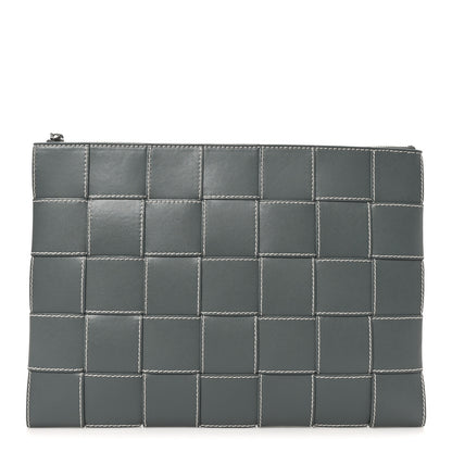 Bottega Veneta Urban Calfskin Maxi Intrecciato Large Cassette Wristlet Pouch Slate Natural 1 of 7